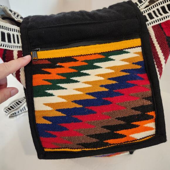 Peruvian Wool Red Black Aztec Print Lined Backpack Boho Hippie Retro Western - Picture 6 of 12